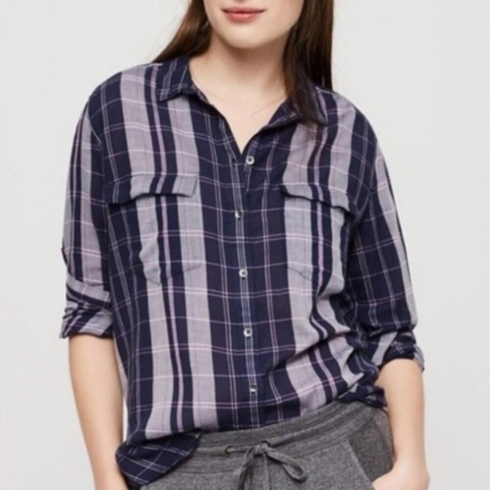 Lou & Grey Hi-Lo Plaid Button Down Blue XS